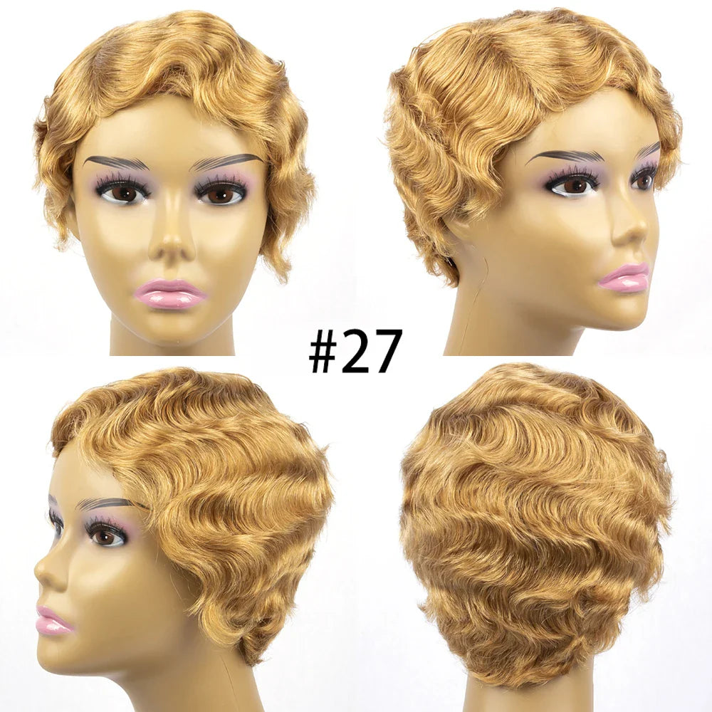 BXOXO Brazilian Short Pixie Cut Wig Human Hair Wigs Really Cute Finger Waves Hairstyles for Black Women Full Machine Made Wigs