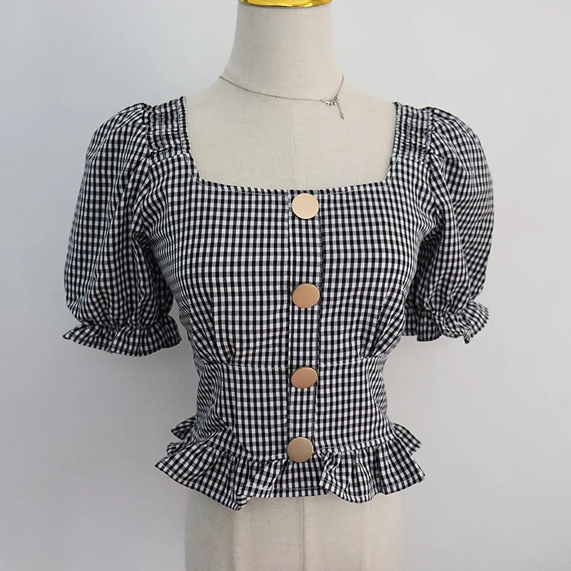 Bxoxo Vintage Plaid Crop Blouse Women Summer Square Collar Puff Sleeve Button ladies Tops Blouses Shirts chemisier femme