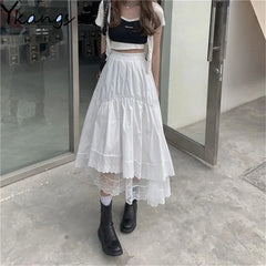 BXOXO Vintage Black Gothic Y2K Long Skirt Autumn Lace Stitching Irregular Pleated Skirt Women White Korean Solid Hip Hop Streetwear