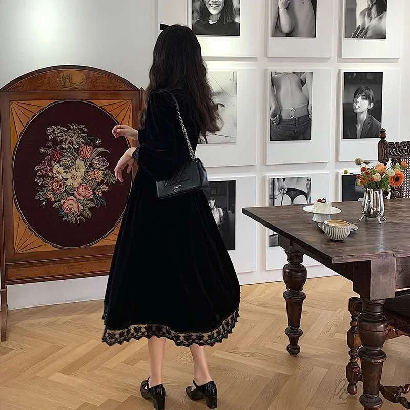 BXOXO French Vintage Dress Women Lace Velvet Black Elegant Party Dress Female Autumn 2020 High Waist Long Sleeve Midi Gothic Dress