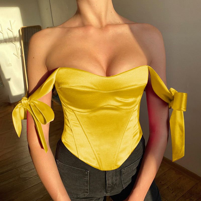 Primrose Tie Shoulder Curved Hem Satin Corset Top