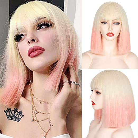 BXOXO Synthetic Wig Short Straight With Bangs Pink Black Purple Blond White Wig Female Short Bob Halloween Christmas Party Cosplay Wig