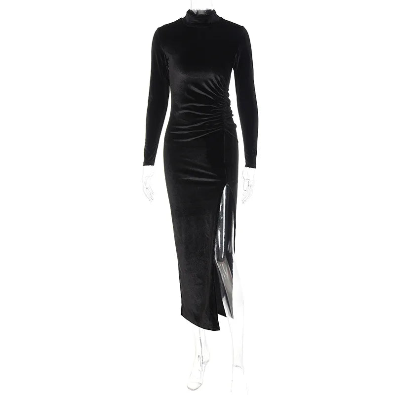 Bxoxo Autumn Winter Women Solid Velvet Long Sleeve Ruched Midi Dress Side Slit Bodycon Sexy Streetwear Party Elegant Club