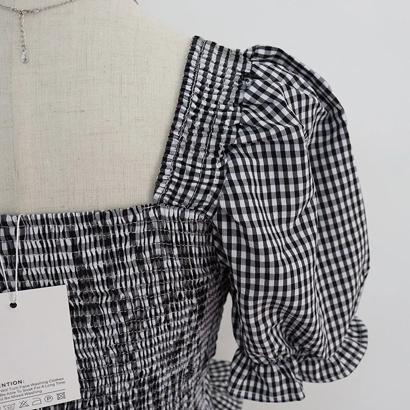 Bxoxo Vintage Plaid Crop Blouse Women Summer Square Collar Puff Sleeve Button ladies Tops Blouses Shirts chemisier femme