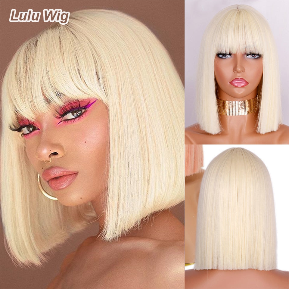 BXOXO Synthetic Blonde Wig with Bangs Short Wigs for Women Golden Wig Straight Bob Wig Natural Heat Resistant Wigs 11 Inches for Party