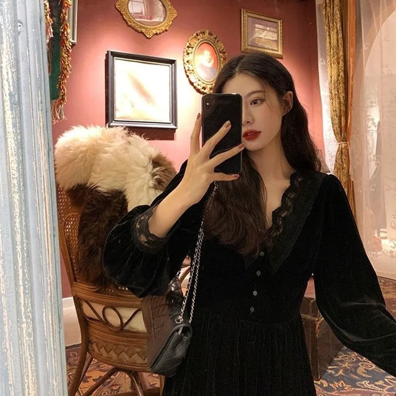 BXOXO French Vintage Dress Women Lace Velvet Black Elegant Party Dress Female Autumn 2020 High Waist Long Sleeve Midi Gothic Dress