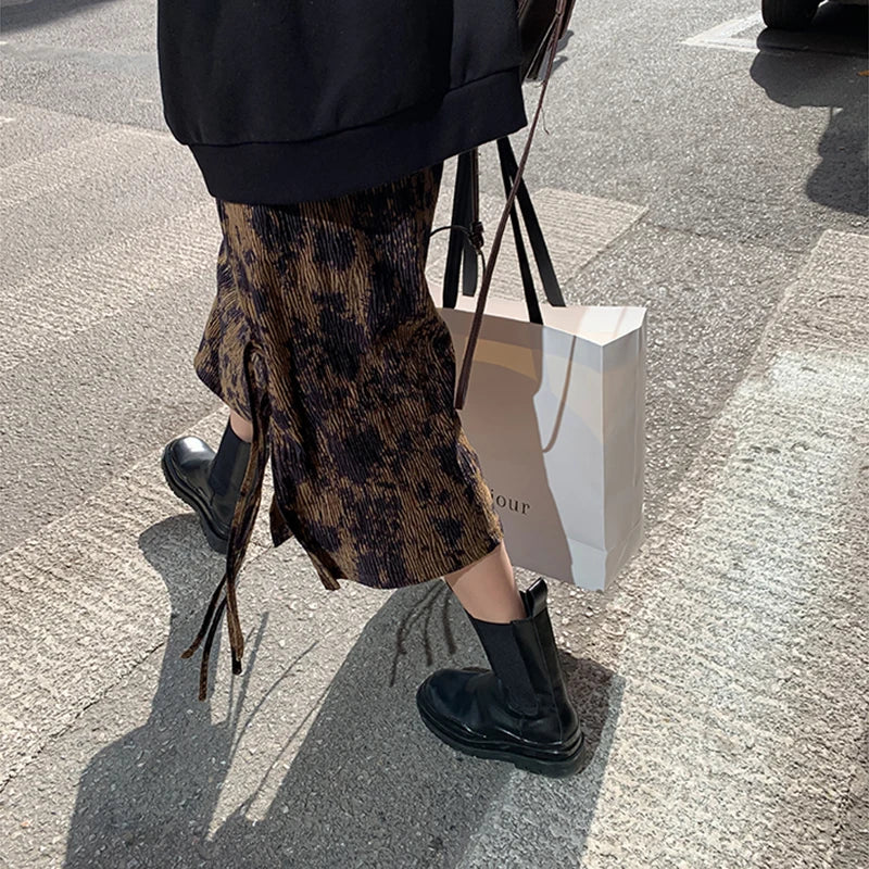 BXOXO Autumn Vintage Print Summer Skirts Lace Up High Waist Long Midi Skirt Corduroy Midi Length Korean Elegant Office Streetwear