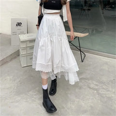 BXOXO Vintage Black Gothic Y2K Long Skirt Autumn Lace Stitching Irregular Pleated Skirt Women White Korean Solid Hip Hop Streetwear