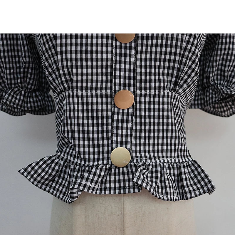 Bxoxo Vintage Plaid Crop Blouse Women Summer Square Collar Puff Sleeve Button ladies Tops Blouses Shirts chemisier femme