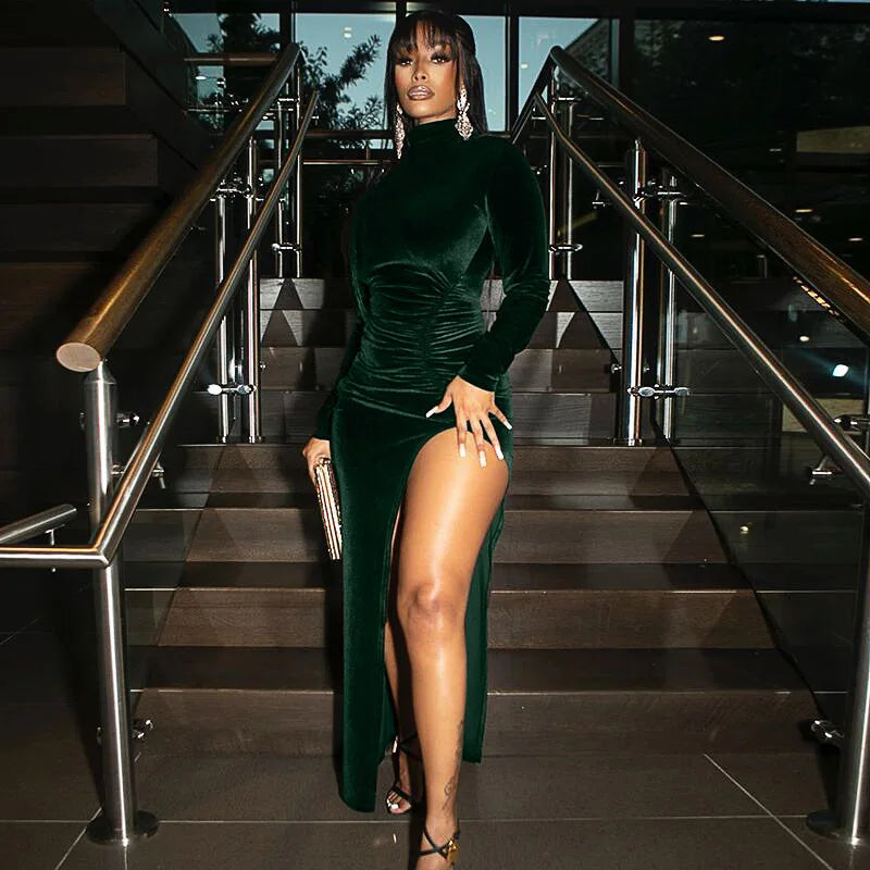 Bxoxo Autumn Winter Women Solid Velvet Long Sleeve Ruched Midi Dress Side Slit Bodycon Sexy Streetwear Party Elegant Club