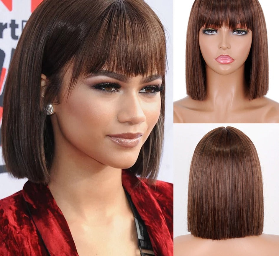 BXOXO Synthetic Blonde Wig with Bangs Short Wigs for Women Golden Wig Straight Bob Wig Natural Heat Resistant Wigs 11 Inches for Party