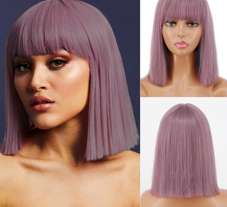 BXOXO Synthetic Blonde Wig with Bangs Short Wigs for Women Golden Wig Straight Bob Wig Natural Heat Resistant Wigs 11 Inches for Party