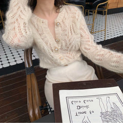 BXOXO Autumn Openwork Knitted Cardigan French Style Elegant O-neck Mohair Coat Sweater Female Casual Solid Long Sleeve Soft Tops