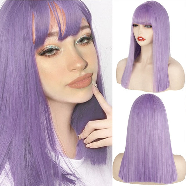 BXOXO Synthetic Wig Short Straight With Bangs Pink Black Purple Blond White Wig Female Short Bob Halloween Christmas Party Cosplay Wig