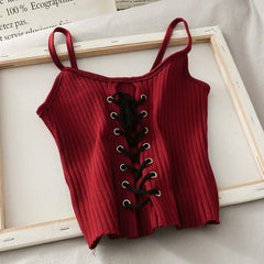 BXOXO Women Bandage Y2K Crop Tops Drawstring Straps Knitting Camisole Cute Tank Crop Tops Solid Sexy Tops For Women Summer