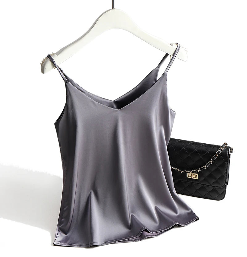 Bxoxo Spaghetti Strap Top Women Halter V Neck Basic White Cami Sleeveless Satin Silk Tank Tops Women'S Summer Camisole