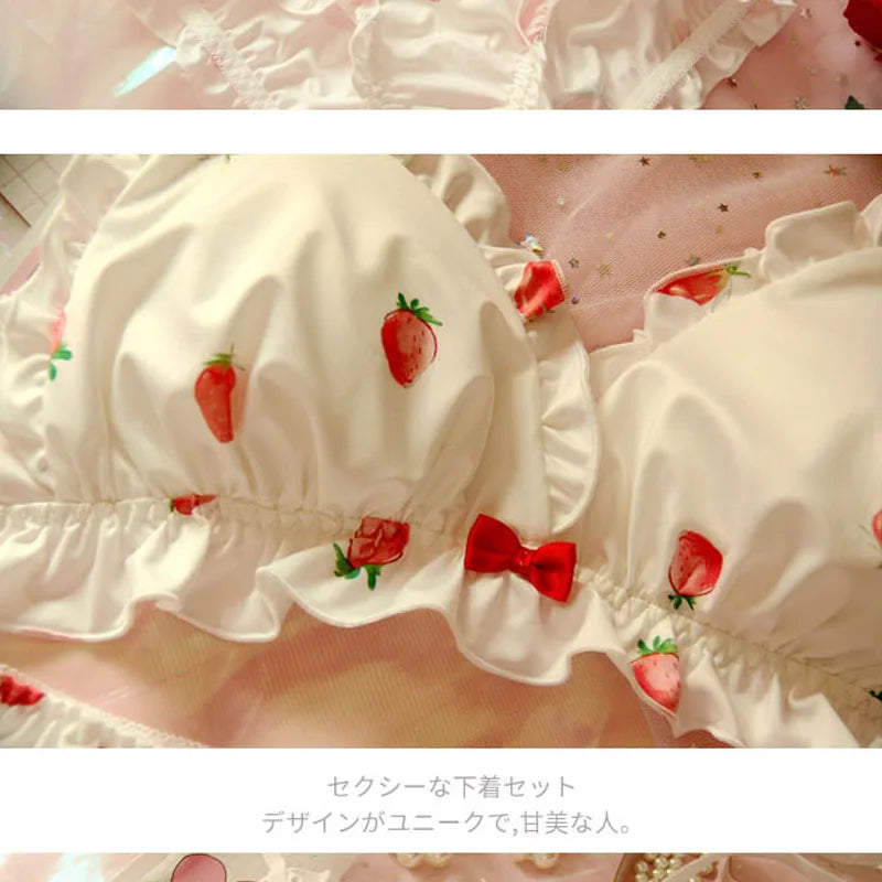 BXOXO Strawberry Cute Japanese Milk Silk Bra & Panties Set Wirefree Soft Underwear Set Kawaii Lolita Bra and Panty Set Pink Lingerie