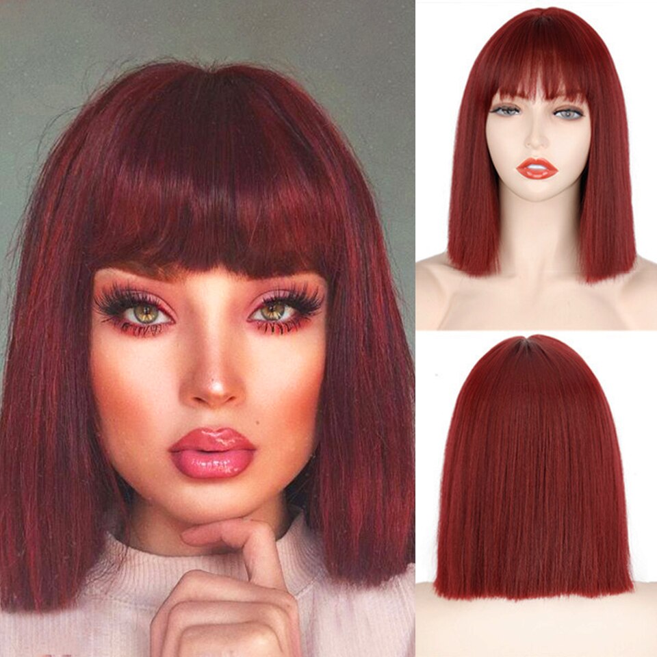 BXOXO Synthetic Blonde Wig with Bangs Short Wigs for Women Golden Wig Straight Bob Wig Natural Heat Resistant Wigs 11 Inches for Party