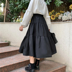 BXOXO Kawaii Black Long Skirt Women Japanese Lolita Cute Patchwork High Waist Loose A-line Midi Skirt Casual Autumn Soft Girl