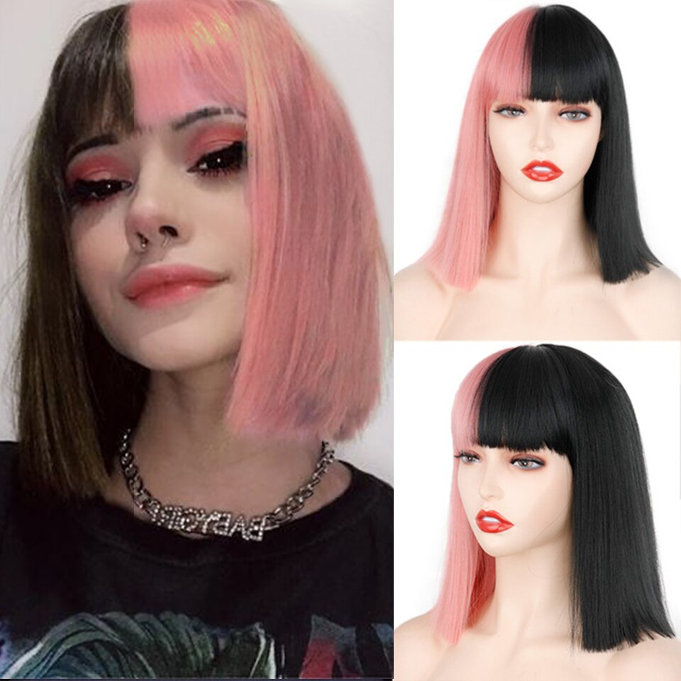 BXOXO Synthetic Wig Short Straight With Bangs Pink Black Purple Blond White Wig Female Short Bob Halloween Christmas Party Cosplay Wig