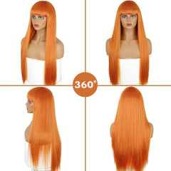 BXOXO Long Orange Wig with Bangs Straight Orange Wigs for Women Cosplay Long Synthetic Orange Wig Natural Looking for Daily Wear