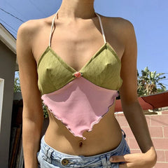 BXOXO y2k Cute Patchwork Cami Top Summer Sexy Backless Bandage Halter Crop Top Fairycore Grunge Kawaii Vest Women Holiday Streetwear