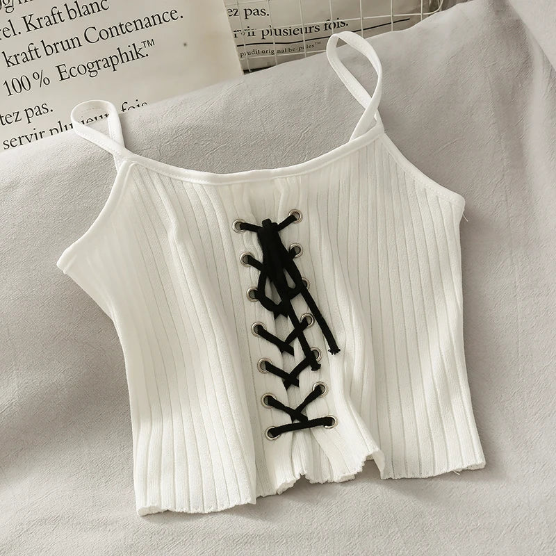 BXOXO Women Bandage Y2K Crop Tops Drawstring Straps Knitting Camisole Cute Tank Crop Tops Solid Sexy Tops For Women Summer