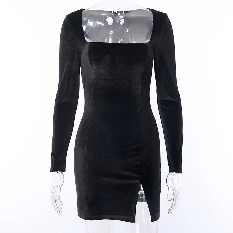 BXOXO Sexy Women Dress Velvet Split Party Clubwear Long Sleeve Slim Female Dresses Hot Black Bodycon Solid Mini Vestidos
