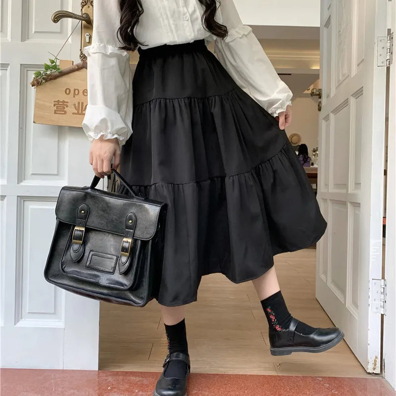 BXOXO Kawaii Black Long Skirt Women Japanese Lolita Cute Patchwork High Waist Loose A-line Midi Skirt Casual Autumn Soft Girl