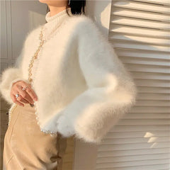 BXOXO Autumn And Winter New Fashion Ladies Pearl Knit Lantern Sleeves Imitation Mink Fleece Sweater Cardigan Jacket Women