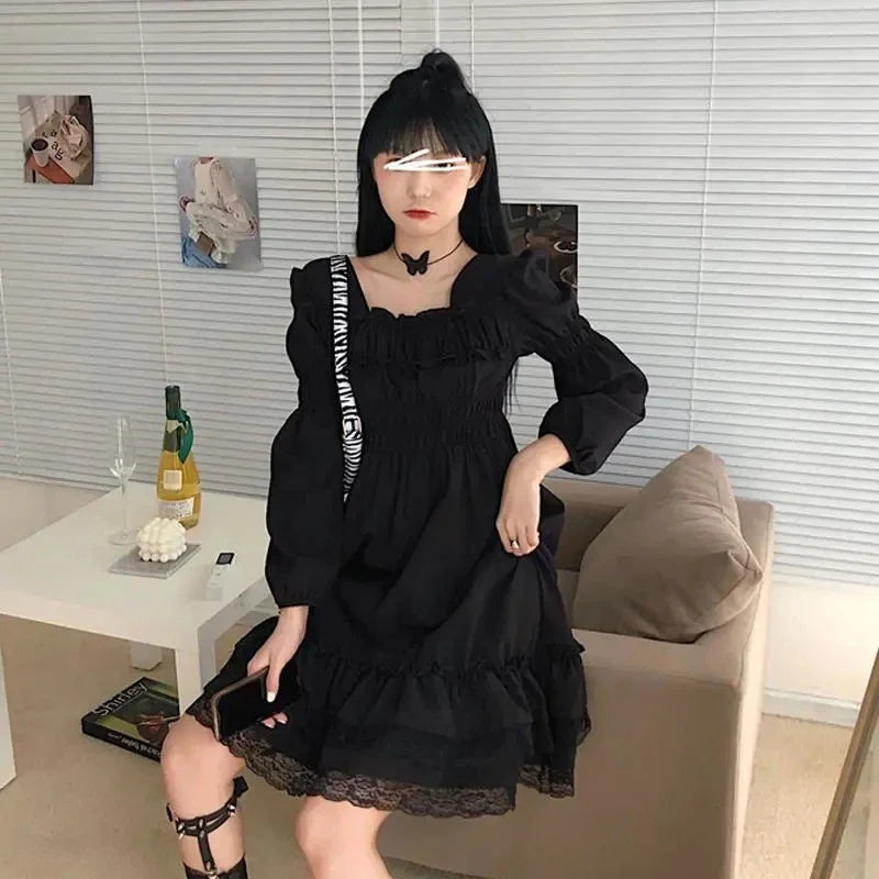 BXOXO Gothic Black Lace Ruffle Dress For Girls Princess Party Ruched Fairy Grunge Long Sleeve Dresses Woman Fashion Korean
