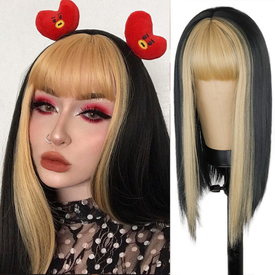 BXOXO Synthetic Wig Short Straight With Bangs Pink Black Purple Blond White Wig Female Short Bob Halloween Christmas Party Cosplay Wig