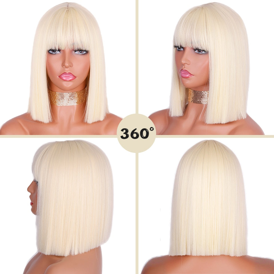 BXOXO Synthetic Blonde Wig with Bangs Short Wigs for Women Golden Wig Straight Bob Wig Natural Heat Resistant Wigs 11 Inches for Party
