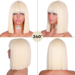 BXOXO Synthetic Blonde Wig with Bangs Short Wigs for Women Golden Wig Straight Bob Wig Natural Heat Resistant Wigs 11 Inches for Party