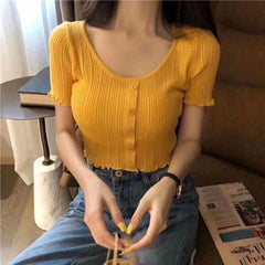 Women V-neck Knitted Summer Thin T-Shirts Camisetas Feminino Sexy Short Sleeve T-shirts Button Up Tops For Women