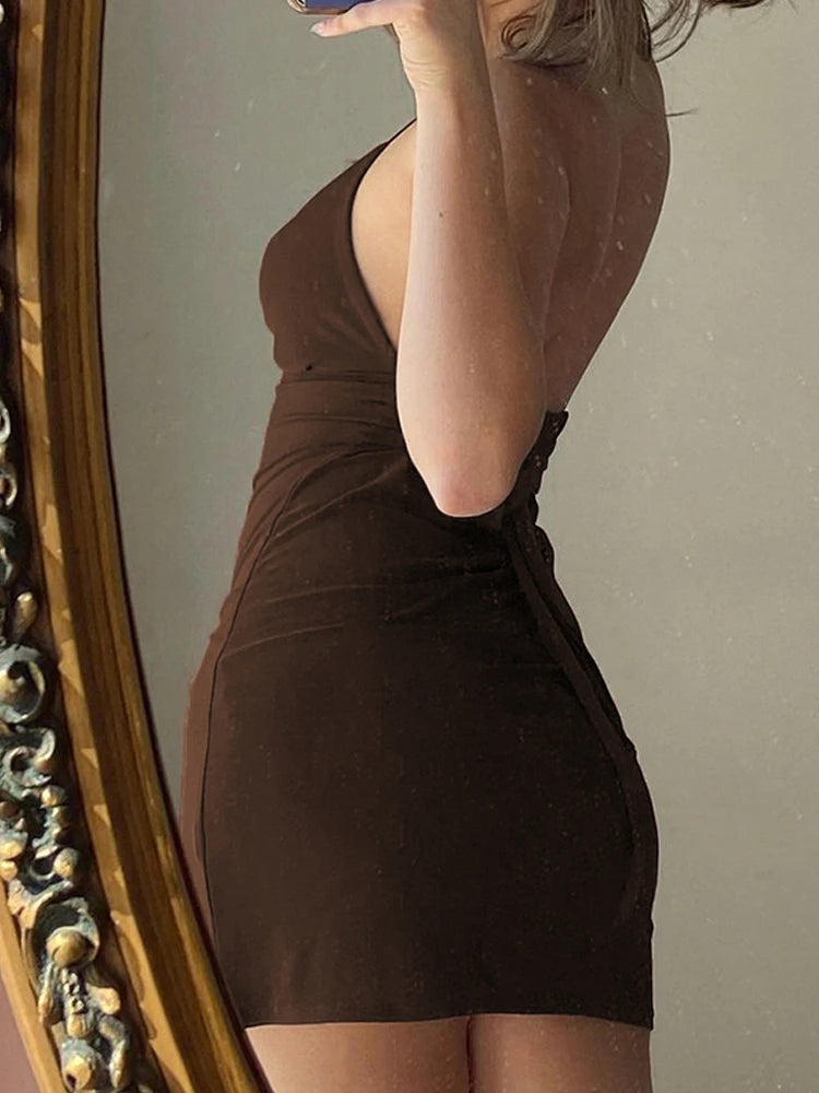 BXOXO Women Maxi Dress Summer Elegant Solid Sleeveless Nipped Waist Slim Backless Ruffled Irregular Party Dresses StreetwearVintage Brown Women Bodycon Dress Sexy V Neck Sleeveless Party Mini Dresses Solid Basic Backless Stre