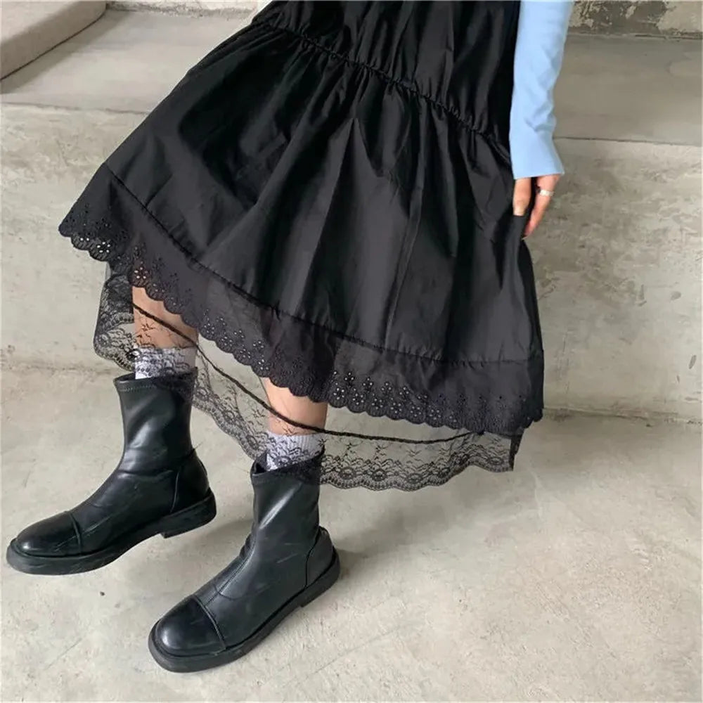 BXOXO Vintage Black Gothic Y2K Long Skirt Autumn Lace Stitching Irregular Pleated Skirt Women White Korean Solid Hip Hop Streetwear