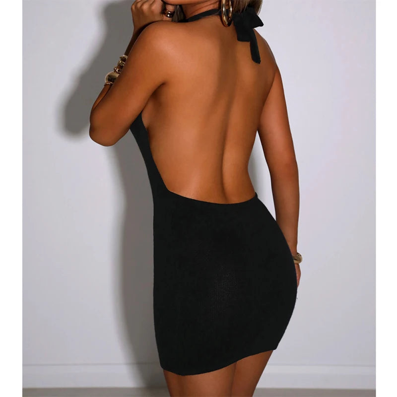 BXOXO Black Bodycon Dress Women Halter Sexy Skinny Hollow Out Backless Mini Dresses Hot Summer Sleeveless Beach Party Cut Out Dress