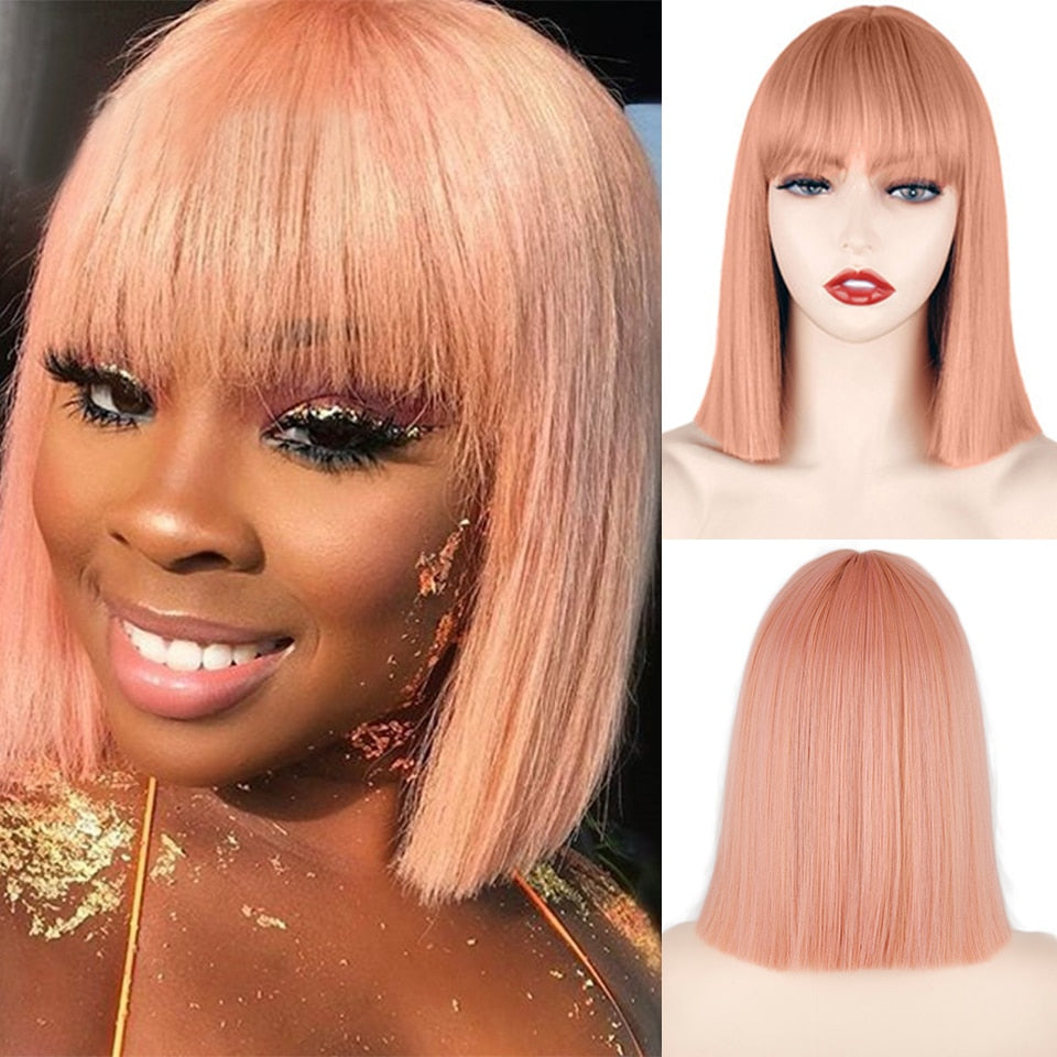 BXOXO Synthetic Wig Short Straight With Bangs Pink Black Purple Blond White Wig Female Short Bob Halloween Christmas Party Cosplay Wig