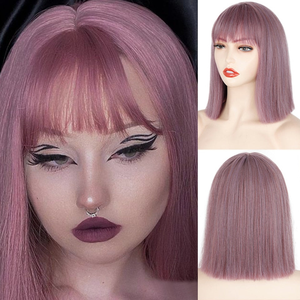 BXOXO Synthetic Wig Short Straight With Bangs Pink Black Purple Blond White Wig Female Short Bob Halloween Christmas Party Cosplay Wig