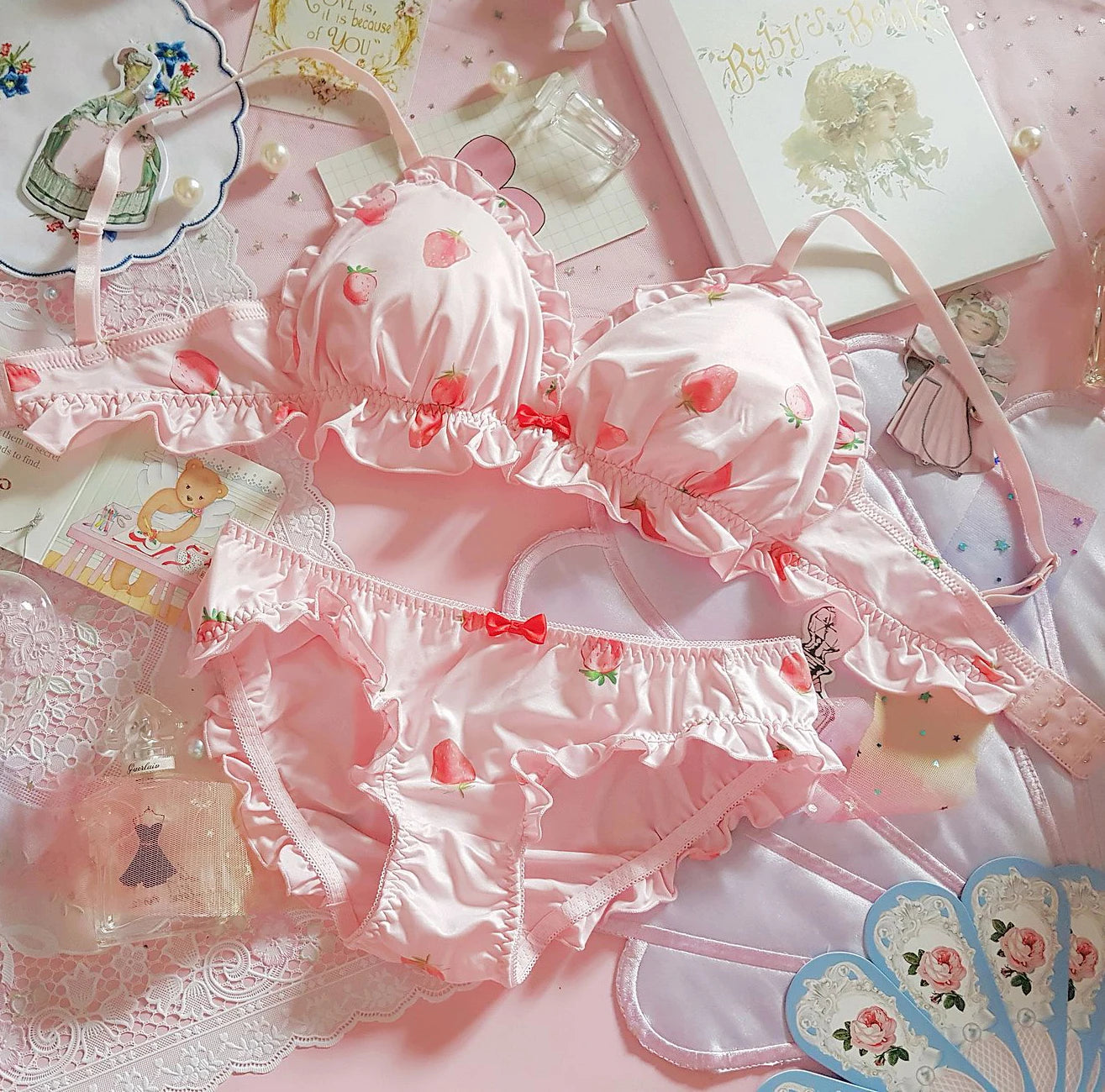 BXOXO Strawberry Cute Japanese Milk Silk Bra & Panties Set Wirefree Soft Underwear Set Kawaii Lolita Bra and Panty Set Pink Lingerie