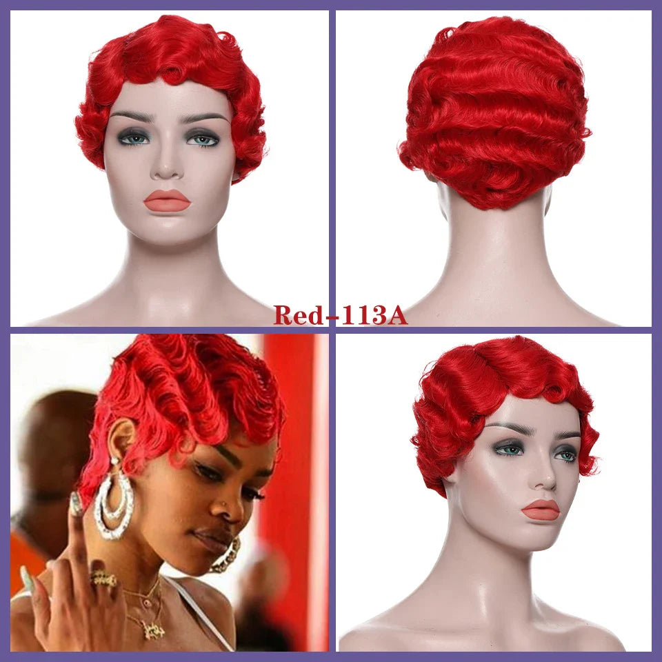 BXOXO Short Kinky Curly Synthetic Wigs For Black Women Retro Wig Female Hair Finger Wave Gold Black For Cosplay Party