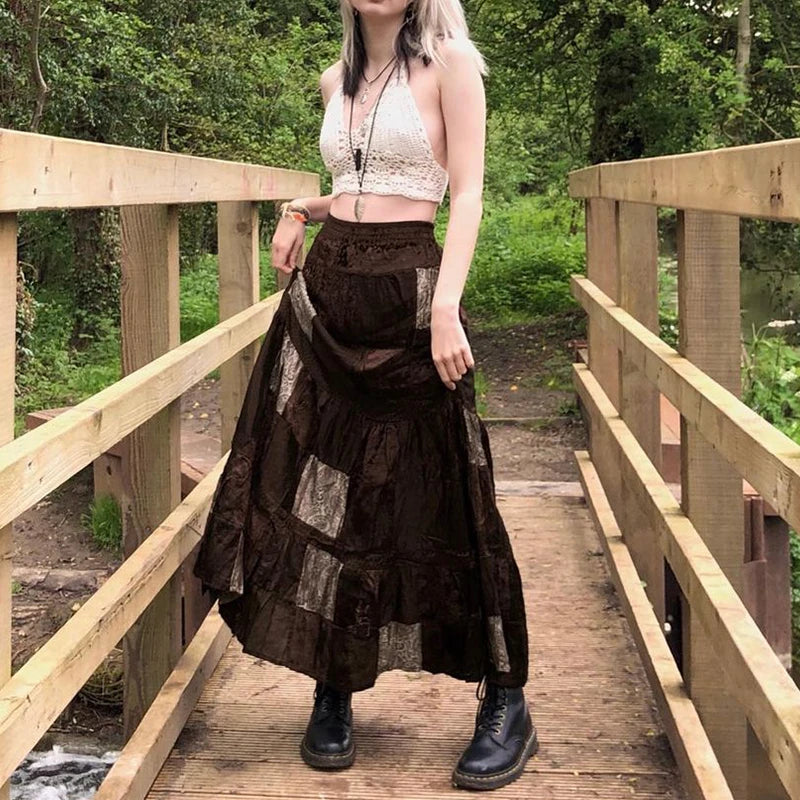 Bxoxo y2k Grunge Skirt Women Fairycore Clothing Retro High Waist A Line Pleated Long Skirts Punk Gothic Skirts Streetwear