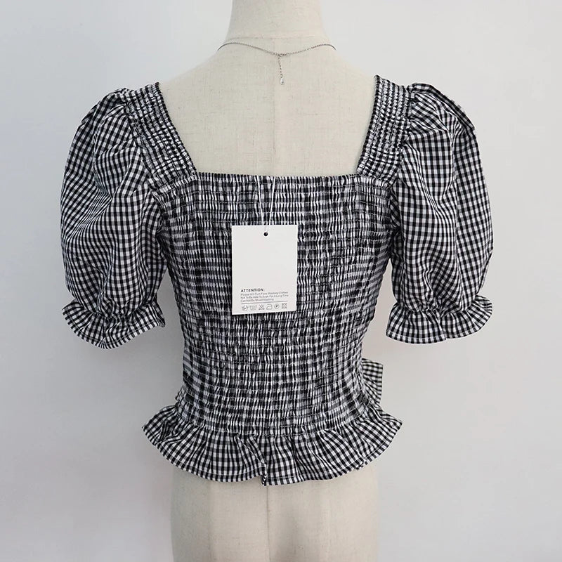 Bxoxo Vintage Plaid Crop Blouse Women Summer Square Collar Puff Sleeve Button ladies Tops Blouses Shirts chemisier femme