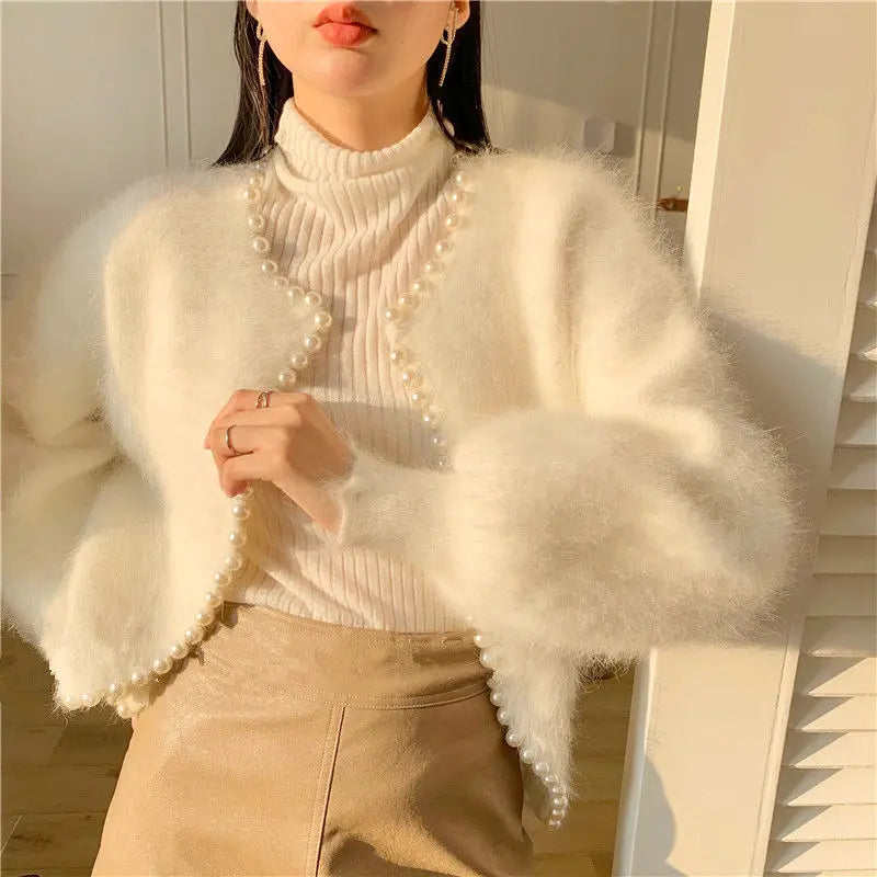 BXOXO Autumn And Winter New Fashion Ladies Pearl Knit Lantern Sleeves Imitation Mink Fleece Sweater Cardigan Jacket Women