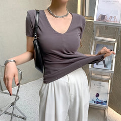 BXOXO Casual Cotton V Neck Short Sleeve T-shirt Women Fashion Shoulder Pad Solid Color Summer Slim Tees Ladies Basic Elastic Tops