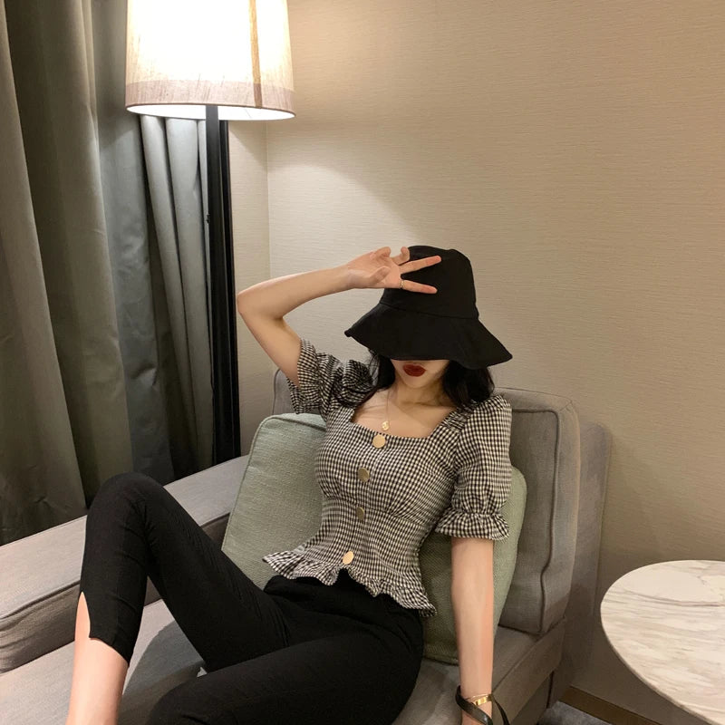 Bxoxo Vintage Plaid Crop Blouse Women Summer Square Collar Puff Sleeve Button ladies Tops Blouses Shirts chemisier femme