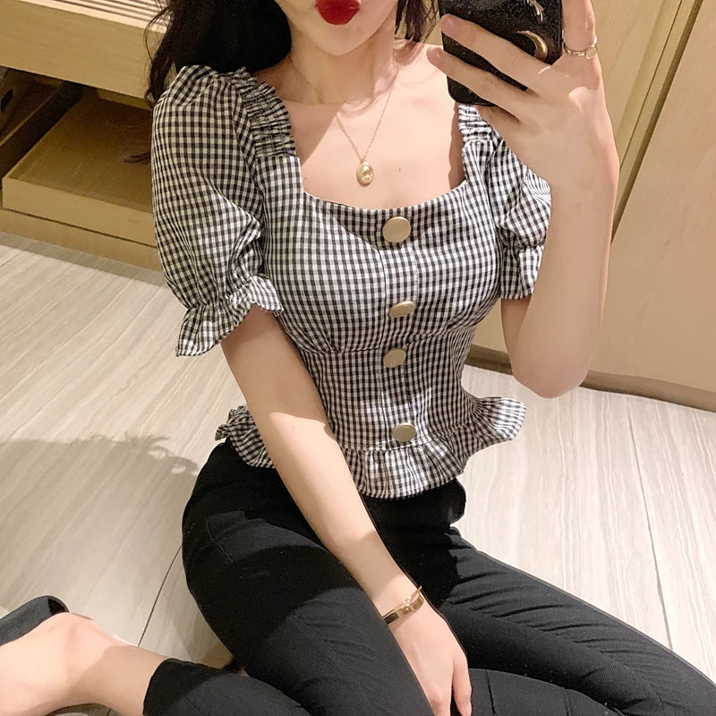 Bxoxo Vintage Plaid Crop Blouse Women Summer Square Collar Puff Sleeve Button ladies Tops Blouses Shirts chemisier femme
