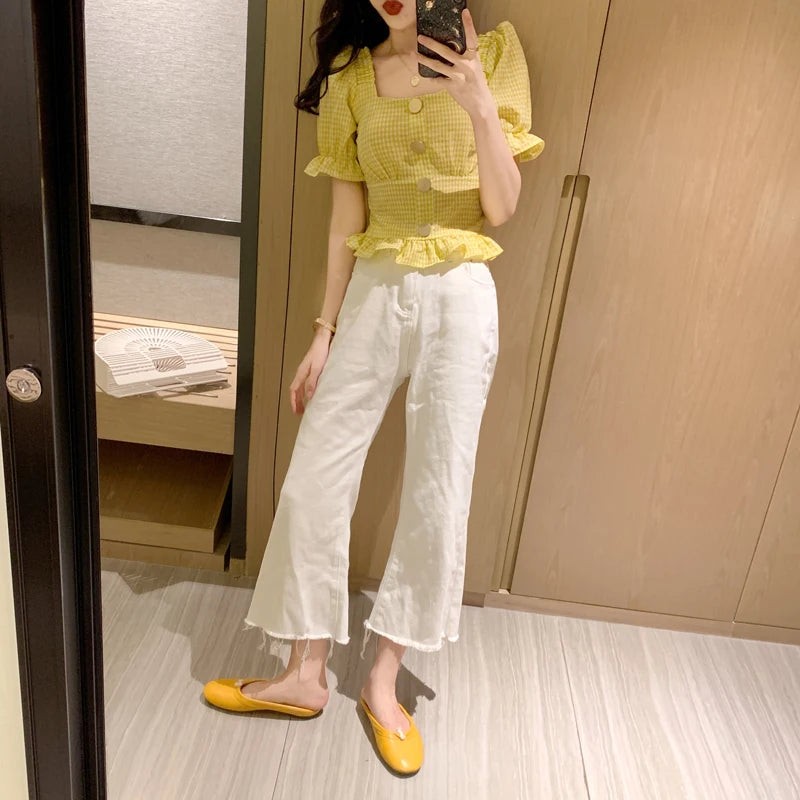 Bxoxo Vintage Plaid Crop Blouse Women Summer Square Collar Puff Sleeve Button ladies Tops Blouses Shirts chemisier femme