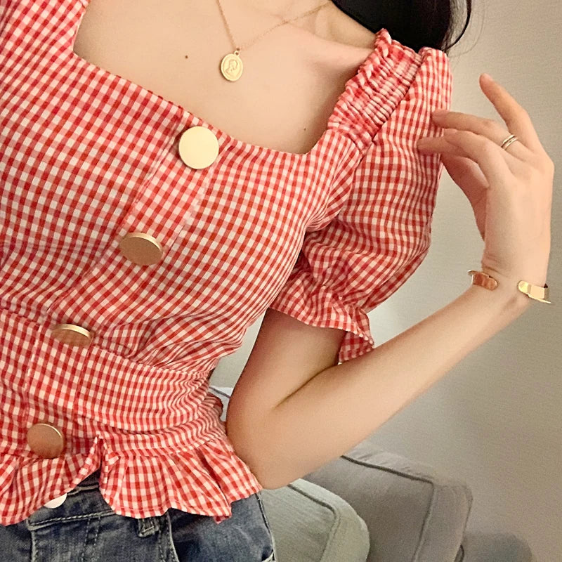 Bxoxo Vintage Plaid Crop Blouse Women Summer Square Collar Puff Sleeve Button ladies Tops Blouses Shirts chemisier femme